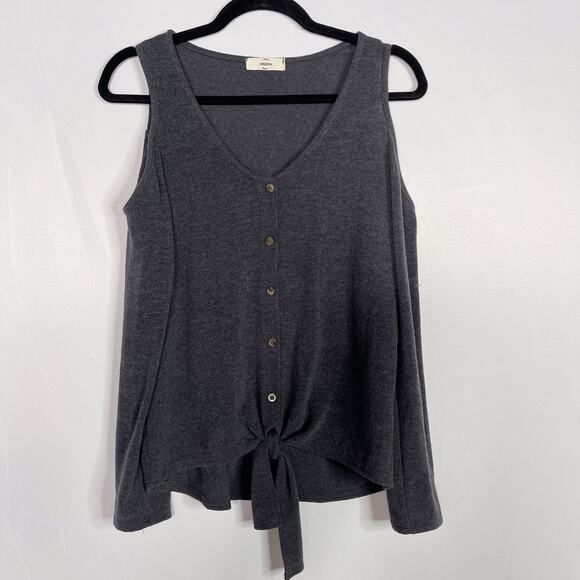 Entro Heather Gray Small Cold Shoulder Long Sleeve Button Front Top Tie Front - Picture 1 of 6